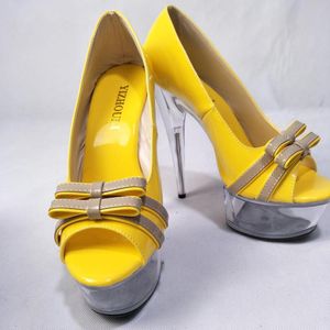 Zapatos de baile Llegada 15 cm Tacones ultra altos Plataforma Boca baja Cristal amarillo Zapato de tacón alto Precioso