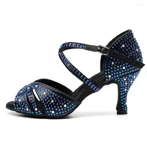 Dansschoenen Blauw Strass Ballroom Latin Sandalen Vrouwen Salsa Waltz Swing Rumba Zwart Satijn Meerdere Hakhoogte ALS047