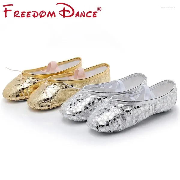 Dance Shoes Burning National Girl Breathable Sequins PU PUN Performance Silver Gold Soft Ballet Yoga