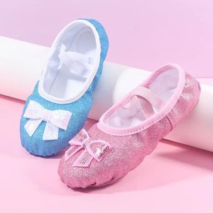 Chaussures de danse Child's Blue Pink Bowtie Performance Ballet Beautiful Petit Girl's Soft Soft Don't Shed Glitter