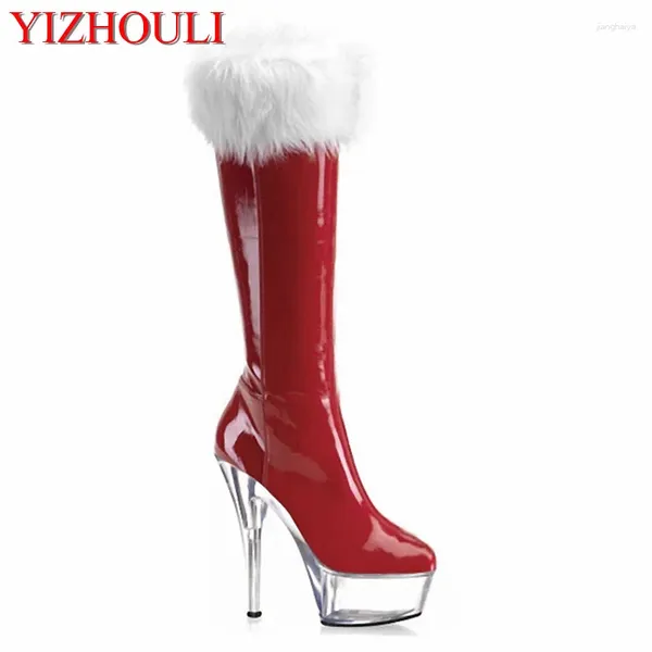 Chaussures de danse Christmas Red Boots Sket Son Santa Hair High 15 cm Talons de commerce extérieur et de genoux dames