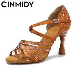 Chaussures de danse Cinmidy Women Party Satin strass de fond doux Bottom Woman Latin Salsa Dancing Sandals Ladies mariage