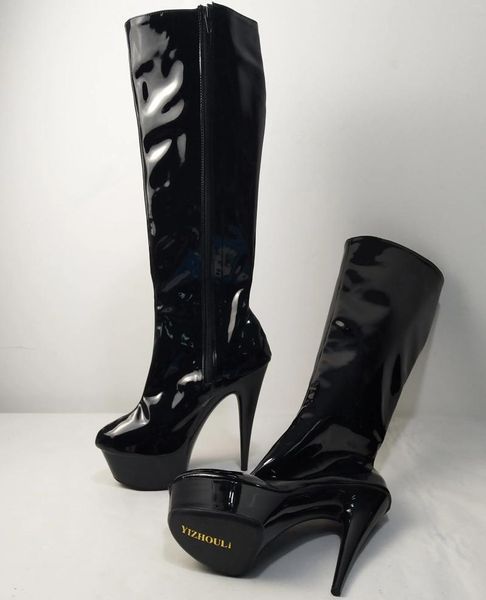 Zapatos de baile clásicos punta redonda negro mate PU plataforma Sexy Clubbing 15cm tacón alto 6 pulgadas señora moda hasta la rodilla