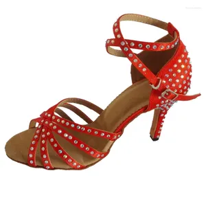 Dansschoenen aanpasbare hiel dame latin salsa party bruiloft rood dansen open teen socials met strass