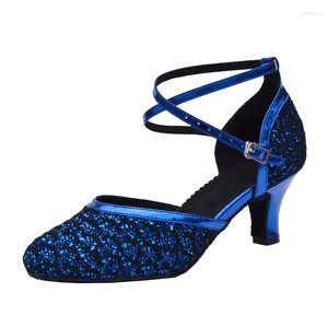 Dansschoenen aangepast hiel dames gesloten teen ballroom pomp sociaal feest moderne latijnse avond salsa koninklijke blauwe schoen indoor