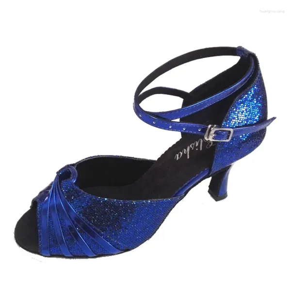 Zapatos de baile Tacón personalizado Mujer Azul real Brillo Salsa Latina Punta abierta Salón Fiesta Noche Social Zapatos de baile