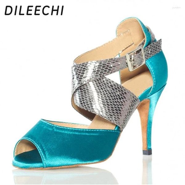 Chaussures de danse Dileechi bleu satin l'est professionnel latin de la salle de bal pour femmes dansant global