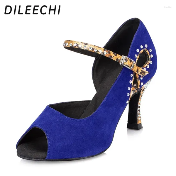Chaussures de danse Dileechi Blue Velvet latin Latin High Heed 7,5 cm salle de bal dansant la fête de strass de femmes