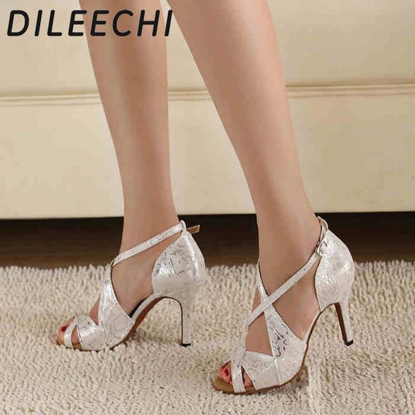 Zapatos de baile DILEECHI marca Zapatos de baile latino de leopardo satinado blanco para mujer al por mayor Spot Salsa Party Zapatos de baile cuadrados Tacones altos 8,5 cm 230719