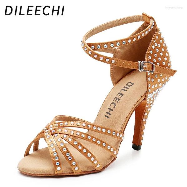 Zapatos de baile dileechi bronce negro satén latino mujeres rehinestones de baile de baile de baile de salsa sándalo alto tacón 10 cm