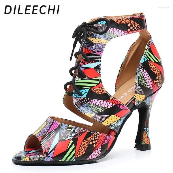 Zapatos de baile DILEECHI cuero colorido mujeres latinas correas botas altas Salsa baile de salón tacón Cuba 9cm llegada