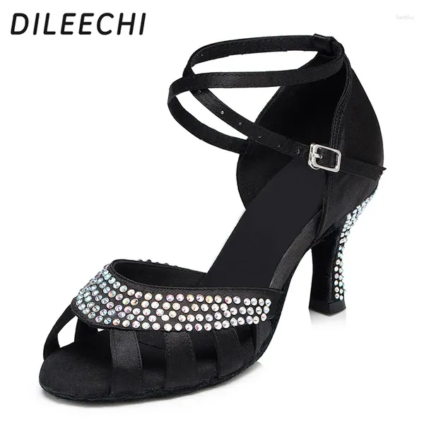 Zapatos de baile dileechi carne negra rhinestones de satén hembra de salón de baile de salón latino para mujer tacón de 7,5 cm