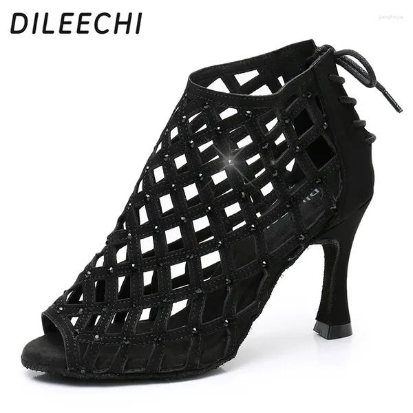 Chaussures de danse Dileechi Latin Balck Suede Laser Salsa Femmes Bottes à lacets RHINATONE CUBA 9