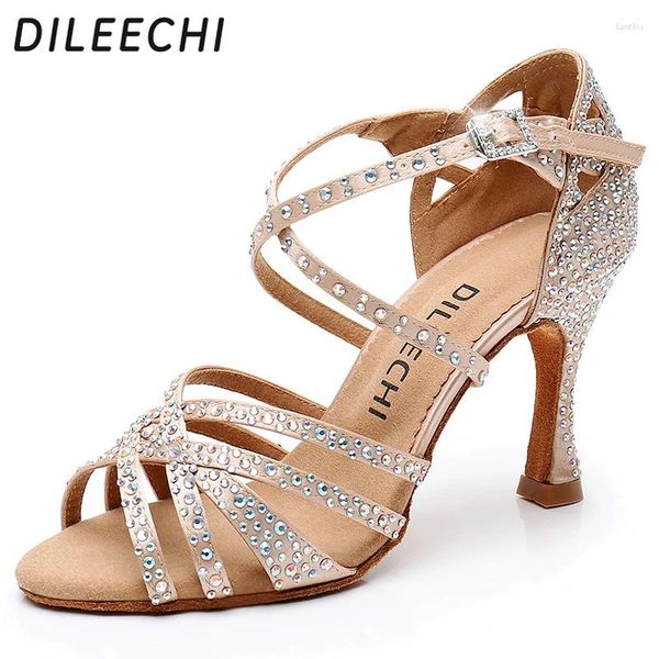 Zapatos de baile dileechi latín grande rhinestone pequeño brillante piel de bronce satén negra mujer salsa fiesta de baile de baile cuba 9cm tacón