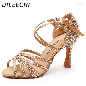 Dansschoenen Dileechi Latijnse zwarte bronzen huid Satijn grote kleine strass stralende vrouwen salsa feest balzaal dansende schoen cuba 9 cm