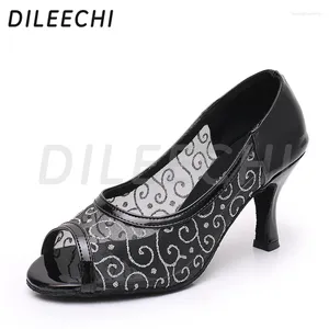 Dansschoenen Dileechi Latin Black Lace Net Pu Salsa Party Ballroom Dancing Softsole 75mm hoge hak