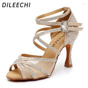 Chaussures de danse Dileechi Latin Gold Glitter strass de glitter avec une salle de bal féminine de nette salsa semelle extérieure douce cuba talon 9cm