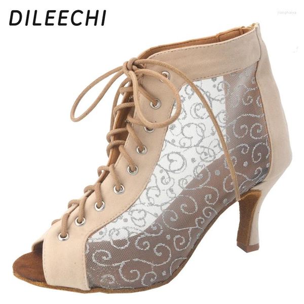 Chaussures de danse Dileechi Latin Skin Velvet avec dentelle nette carrée salsa fête de bal dansant cuba 7,5 cm de semelle extérieure douce