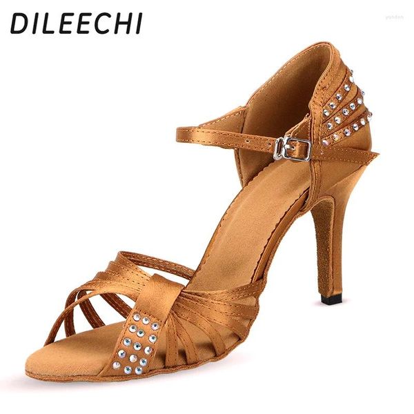 Chaussures de danse Dileechi Latin Femmes Bronze Black Satin Diamond Bottom Bottom High Heed 8,5 cm Salsa Party Ballroom Dancing