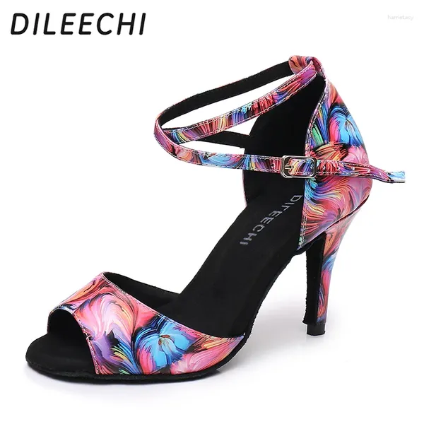 Chaussures de danse Dileechi Latin Femmes Modern Floral Pu Salsa Party Ballroom Dancing High Thin Talon 85 mm Soft Out-Sole