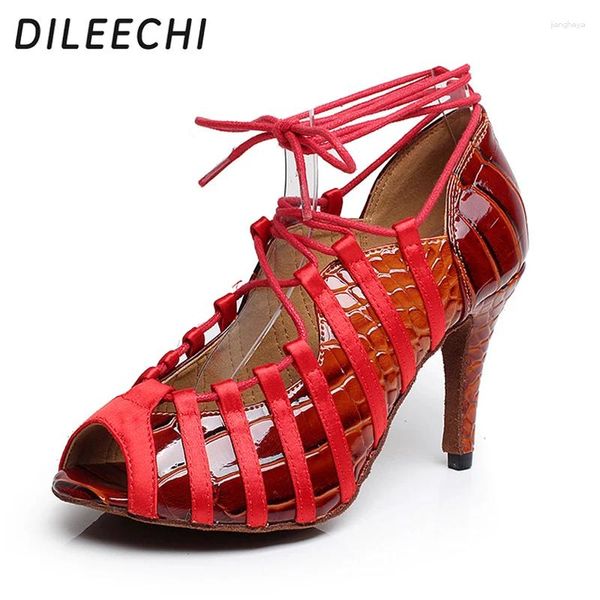 Chaussures de danse Dileechi Red Latin Femelle adulte High Talon Party carré Sandales Dancing Soft Bottom