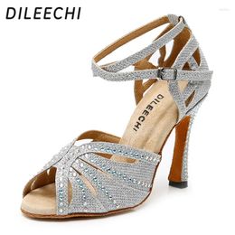 Chaussures de danse Dileechi Silver Glitter Rignestone Latin Women Salas Ballroom Largeur High Talon 10cm Waltz Logiciel