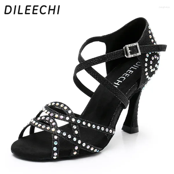 Chaussures de danse Dileechi Femmes paillettes et flanelle Latin Ballroom Dancing Woman Party Salsa Black 9cm