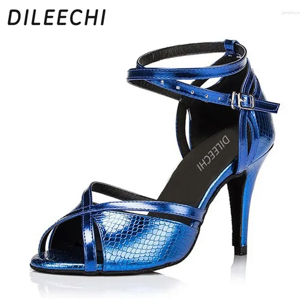 Chaussures de danse DILEECHI femme bleu PU Latin semelle souple carrée professionnelle femme salle de bal danse 8.5 cm