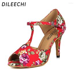 Chaussures de danse Dileechi la salle de bal latine pour femmes satin beau talon de fleur 85 mm semelle extérieure douce