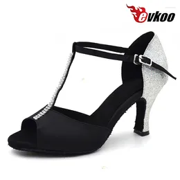 Chaussures de danse Evkoodance 8 cm Hauteur de talon Femme Dancing Professional Toe Open Satin noir avec paillettes EVKOO-439