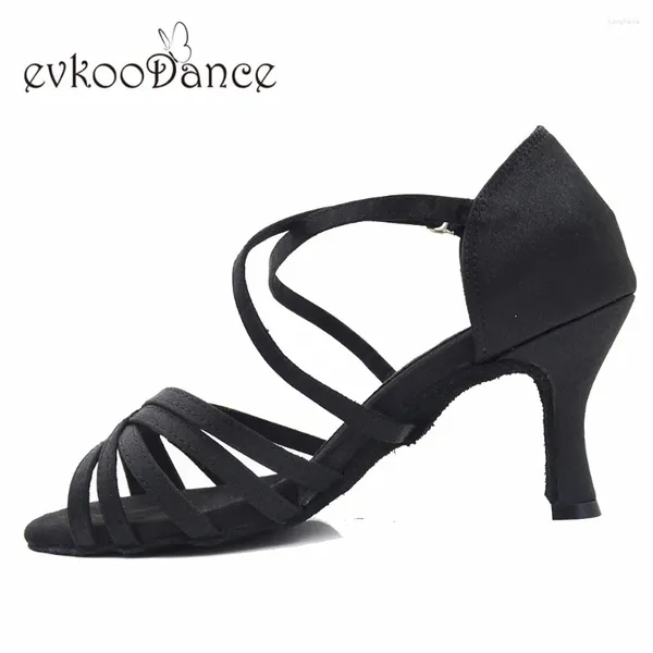 Chaussures de danse Evkoodance couleur noire Satin taille latine US4-12 talon professionnel 7 cm femme Evkoo-608