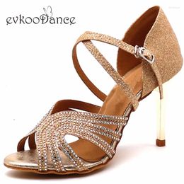 Chaussures de danse Evkoodance DIY Professional Zapatos de Baile 8,5 cm Métal Talon Golden / Blue paillettes avec rhinostone pour femmes EVKOO-535