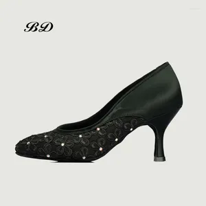 Dance Shoes Factory Outlet Top Ballroom Women Latin Shoe Bd 188 Jazz Modern Satin Black Flower Drill High 7.5 cm Tacos Girl