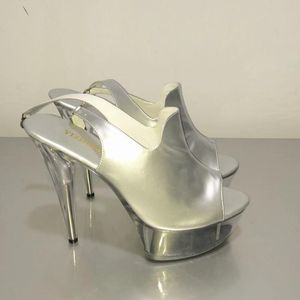 Dansschoenen mode 6 inch merk platform hoge hakken 15 cm sexy buckle peep teen sandalen zilveren vrouwen kristal
