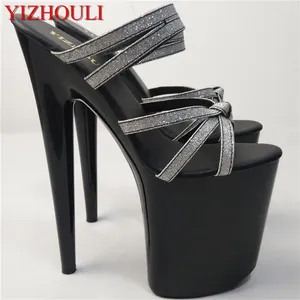 Chaussures de danse mode 8 pouces de haut Talon sexy pour les femmes en strass noires pantoufles peep toe clubbing exotic