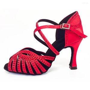 Chaussures de danse pour salsa latin de la salle de bal lame en daim intérieur semelle noire rouge noire avec des talons de 7,5 cm 9 cm