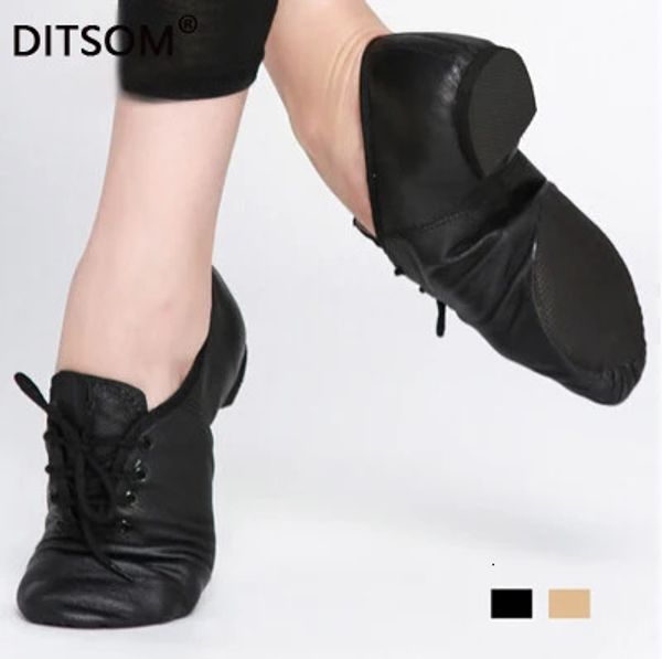 Zapatos de baile Zapatos de baile de Ballet de Jazz con cordones de cuero genuino para hombres y mujeres, zapatillas de baile suaves para niños, zapatos deportivos de punta negros tostados 231101