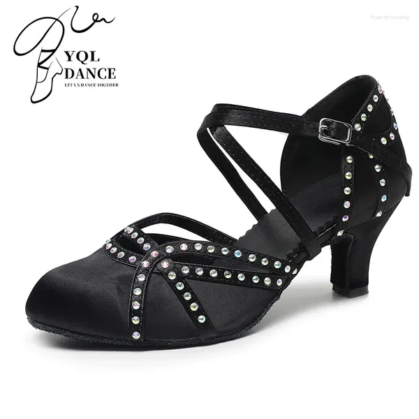 Dance Shoes Girls Black Toe Cerrado Latino Mujer Rhinestone Bachata Salsa Dancing For Kids Latino Flare Heel 7.5cm