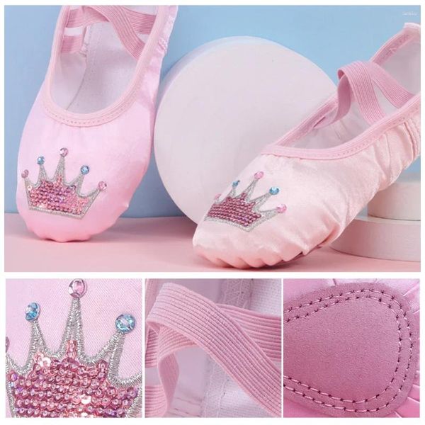 Chaussures de danse brodées pour filles, pantoufles de Ballet avec couronne de dessin animé pour enfants, semelle souple professionnelle, Yoga, Gym