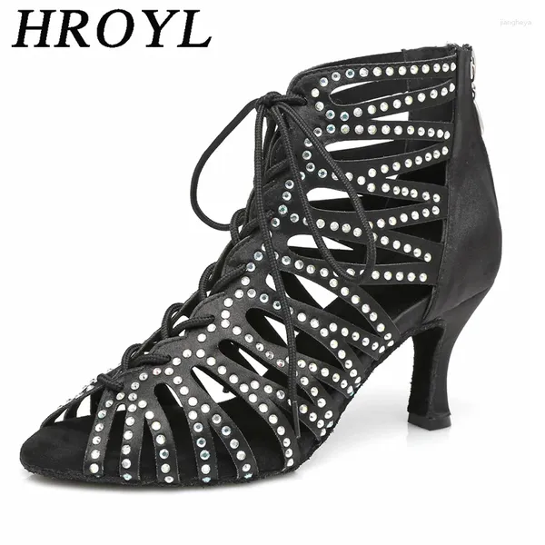 Zapatos de baile Hroyl Latin Woman High Heels Boda de boda de diamantes Hollow Boots Dancing Girls Lace-Up Zipper Jazz Salsa