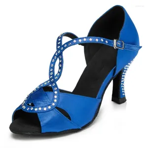 Chaussures de danse pour femmes, strass en Satin, sandales de salle de bal latine, talons hauts, couleur bleu noir
