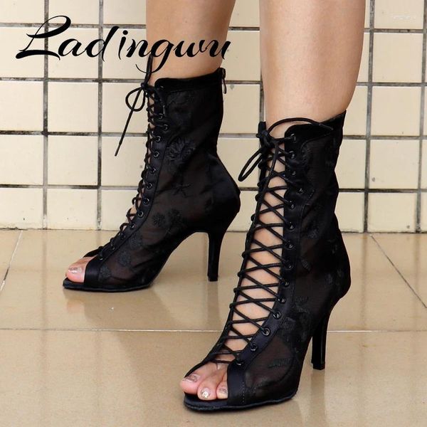 Chaussures de danse Ladingwu 2024 Boots latins Femmes Sandales de salon Salsa Black Satin et Mesh