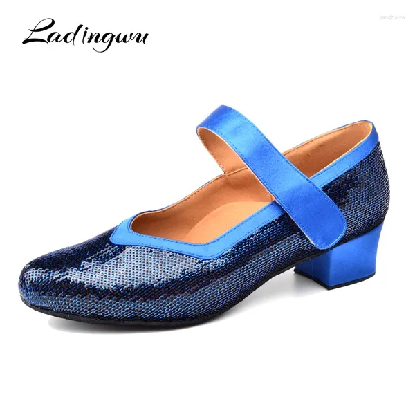 Zapatos de baile Damingwu Ballroom para mujeres Latin Girls Low Blue Glitter Squitter Soft Bottom Tacs 2.5cm