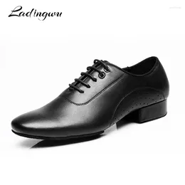 Chaussures de danse Ladingwu en cuir authentique pour hommes baskets noires latin de bal à talon bas 2,5 cm moderne
