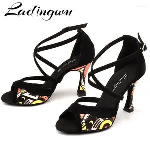 Chaussures de danse Ladingwu latin pour les femmes flanelle noire et orange africain imprimer salsa sandales de salle de bal pour femmes