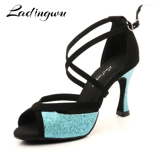 Chaussures de danse Ladingwu latin pour les femmes en daim noir et aux paillettes bleues salsa sandales de salle de bal pour femmes