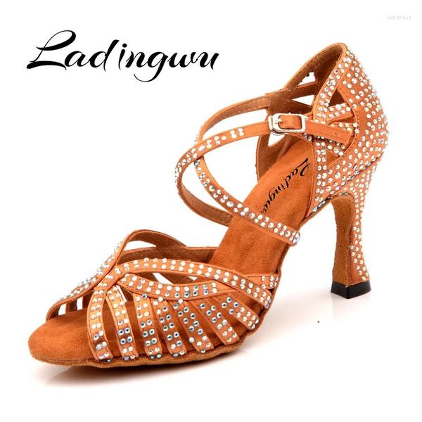 Chaussures de danse Ladingwu femmes latines Laser strass Bronze soie Satin couleur de la peau noir salle de bal Salsa sandale