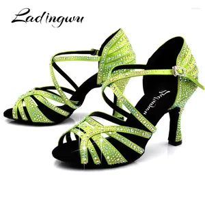 Dansschoenen ladingwu lichtgroene satijn latin vrouwen beroep salsa balzaal sandalen strass sandestone