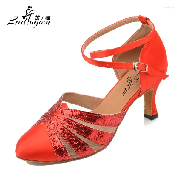 Chaussures de danse Ladingwu Satin et Flash Tissu de salle de bal rouge / abricot latin femme salsa talon 5/6/7 / 7,5 cm
