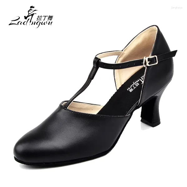 Chaussures de danse Ladingwu vendant la compétition de salle de bal en cuir véritable pour femmes noir talon latin 6/7 / 7,5 / 8,3 cm